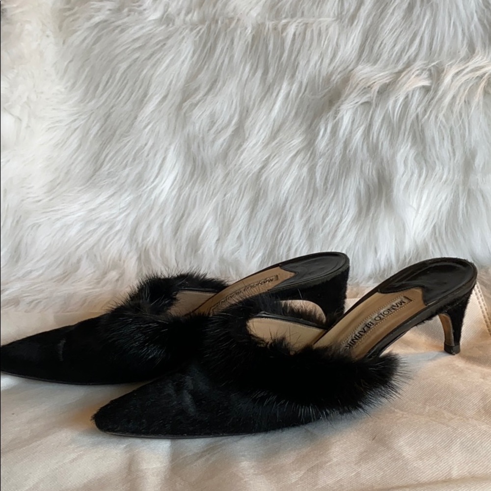 Manolo Blahnik Black ponyhair and fur heels
